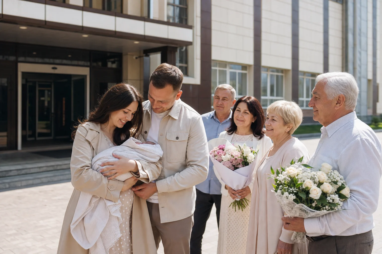 Семейная встреча мамы и малыша у роддома